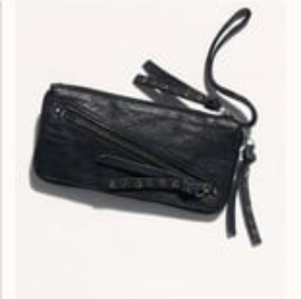 Free People Distressed Black Leather Wristlet Wallet with Studded Zipper
